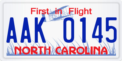 NC license plate AAK0145