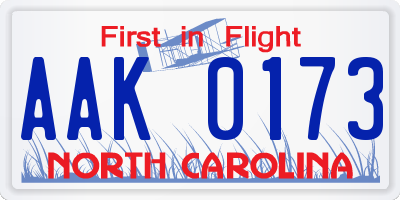 NC license plate AAK0173