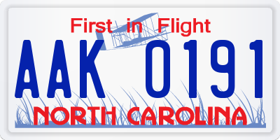 NC license plate AAK0191