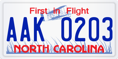NC license plate AAK0203