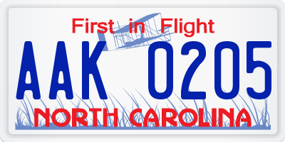 NC license plate AAK0205