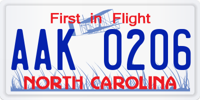NC license plate AAK0206