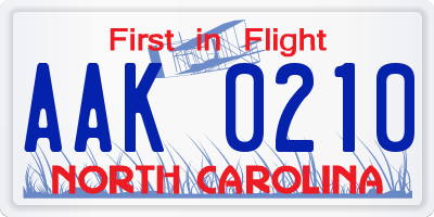 NC license plate AAK0210