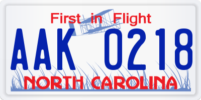 NC license plate AAK0218