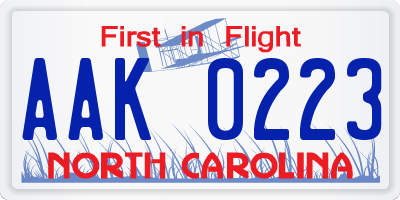 NC license plate AAK0223