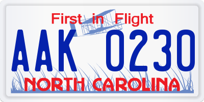 NC license plate AAK0230