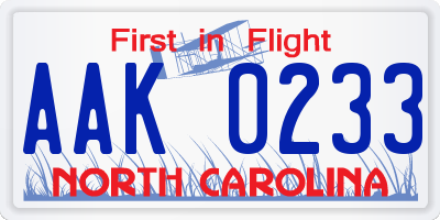 NC license plate AAK0233