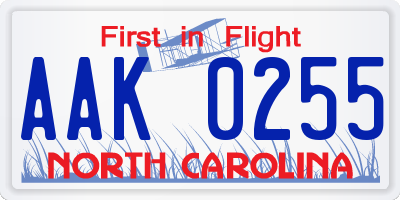 NC license plate AAK0255