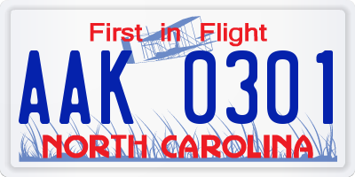 NC license plate AAK0301