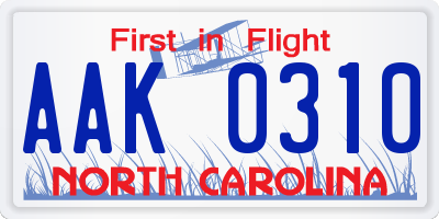 NC license plate AAK0310
