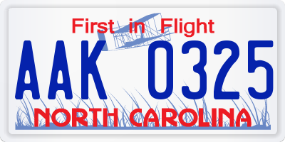 NC license plate AAK0325