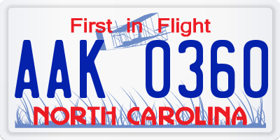 NC license plate AAK0360