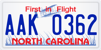 NC license plate AAK0362