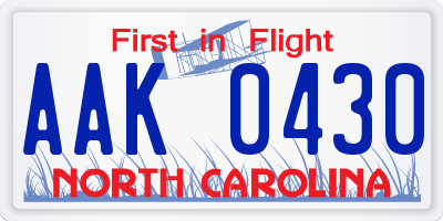 NC license plate AAK0430