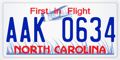 NC license plate AAK0634