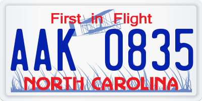 NC license plate AAK0835