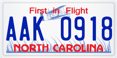 NC license plate AAK0918