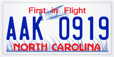 NC license plate AAK0919