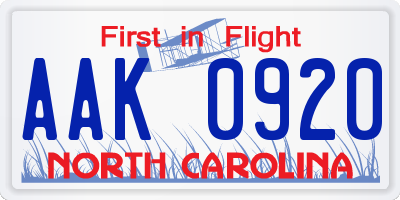 NC license plate AAK0920