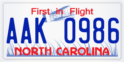 NC license plate AAK0986