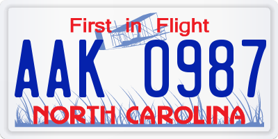NC license plate AAK0987