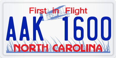 NC license plate AAK1600