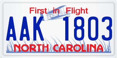 NC license plate AAK1803