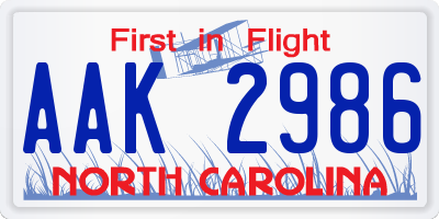NC license plate AAK2986