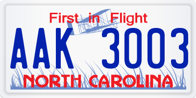 NC license plate AAK3003