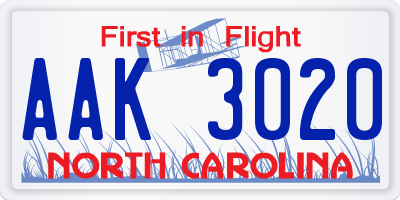 NC license plate AAK3020