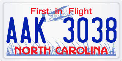 NC license plate AAK3038