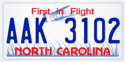NC license plate AAK3102