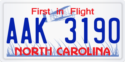 NC license plate AAK3190