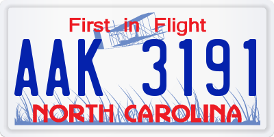 NC license plate AAK3191