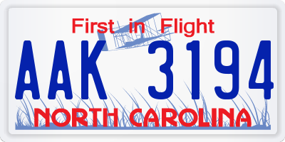 NC license plate AAK3194
