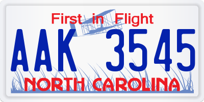 NC license plate AAK3545