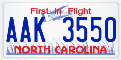 NC license plate AAK3550