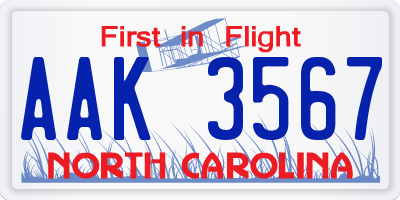 NC license plate AAK3567