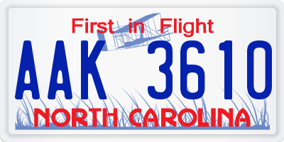 NC license plate AAK3610