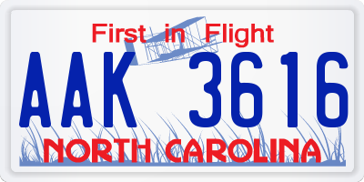 NC license plate AAK3616