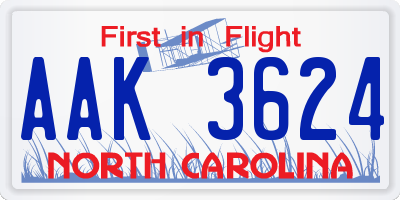 NC license plate AAK3624