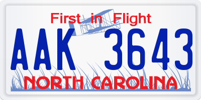 NC license plate AAK3643