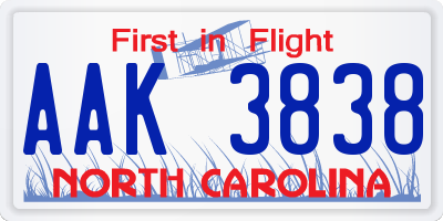 NC license plate AAK3838