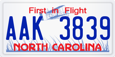 NC license plate AAK3839