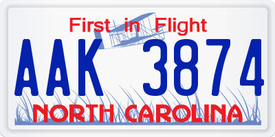 NC license plate AAK3874