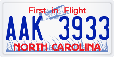 NC license plate AAK3933