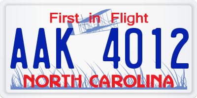 NC license plate AAK4012