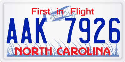 NC license plate AAK7926