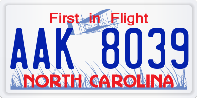 NC license plate AAK8039