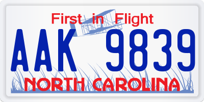 NC license plate AAK9839